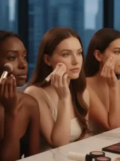 Diverse women applying foundation, showcasing various skin tones and types.