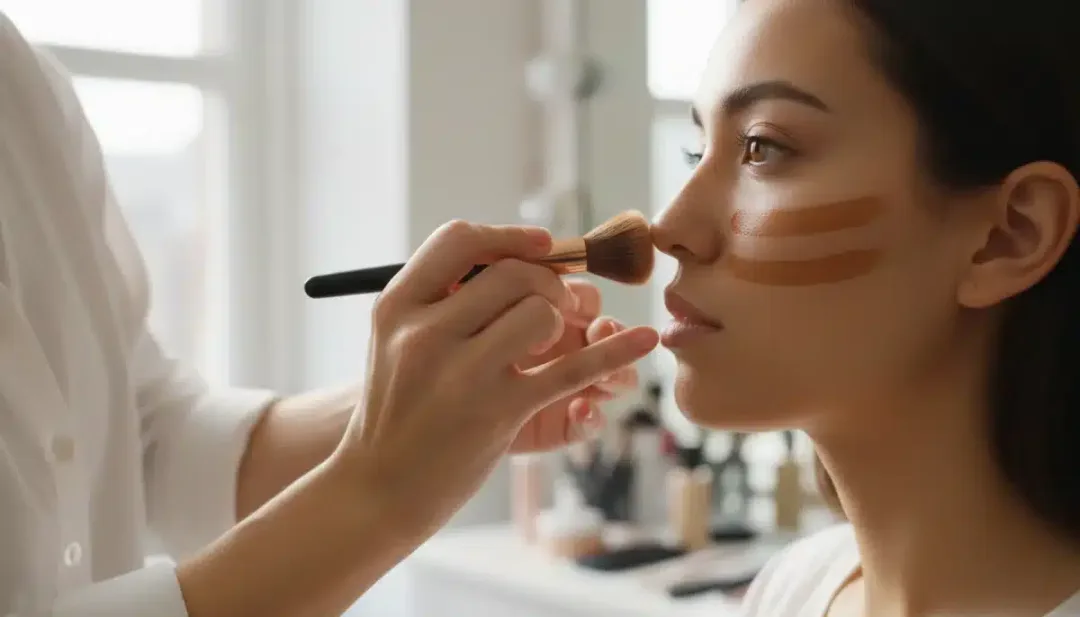Makeup artist demonstrating cream contouring technique on a client's cheek.