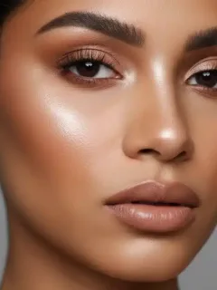 Professional contouring and highlighting on a model's face, showcasing a sculpted and radiant look.