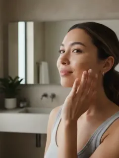 Woman with natural glow makeup applying product
