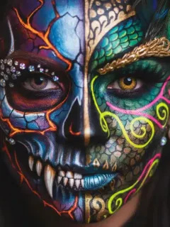 Vibrant Halloween makeup masterclass showcasing intricate skull design and dramatic effects for October 2026.