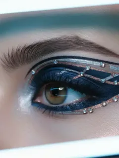 Model with futuristic metallic winged eyeliner, embodying advanced precision techniques for 2026 beauty trends in the US.