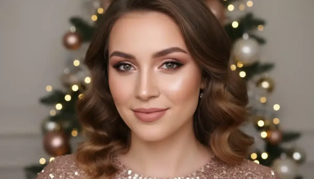 Radiant rose gold makeup with glowing skin for a 2026 holiday party.