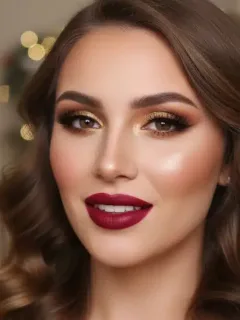 Glamorous holiday makeup look with red lipstick and gold eyeshadow for December 2026 parties.
