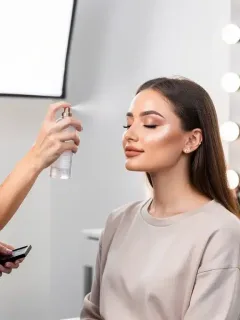 Professional makeup artist applies setting spray for long-lasting makeup, 2026 trends