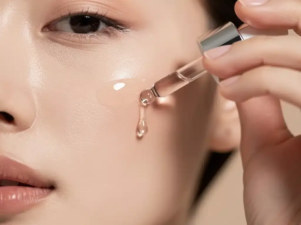 Close-up of serum application, demonstrating a key step in an advanced skincare routine.