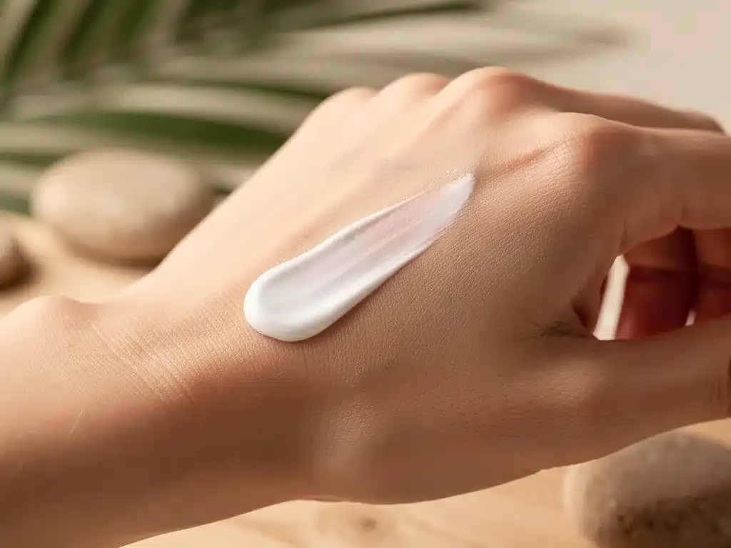 Hand applying fragrance-free cream to sensitive skin for soothing relief.