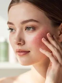Woman with sensitive skin gently touching her cheek, emphasizing gentle skincare.