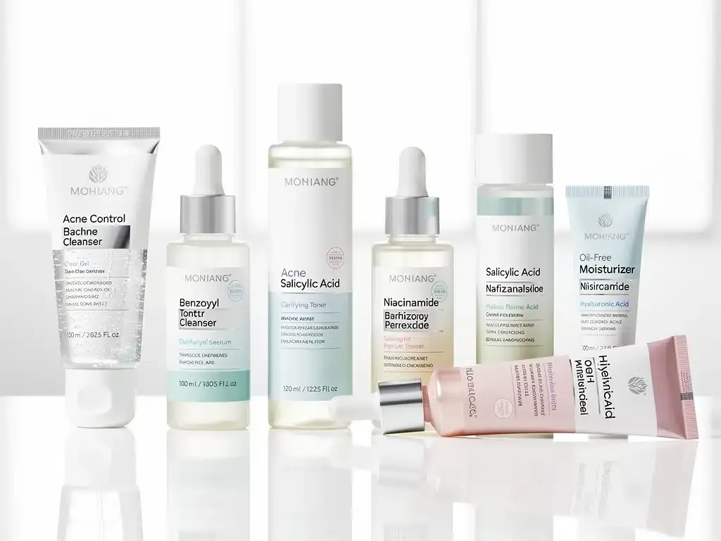 Array of anti-acne skincare products for a comprehensive routine.