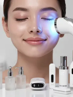 Woman using advanced skincare device for futuristic routine