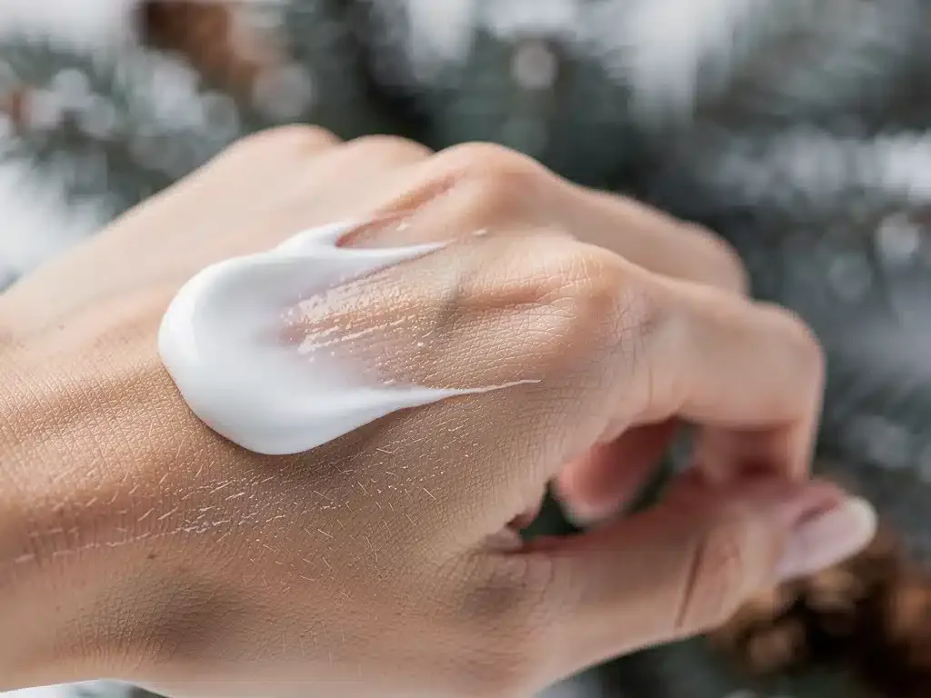 Applying rich moisturizer to dry winter skin