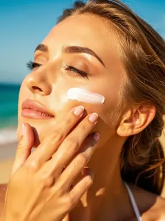 Woman applying sunscreen to face on beach for summer sun protection