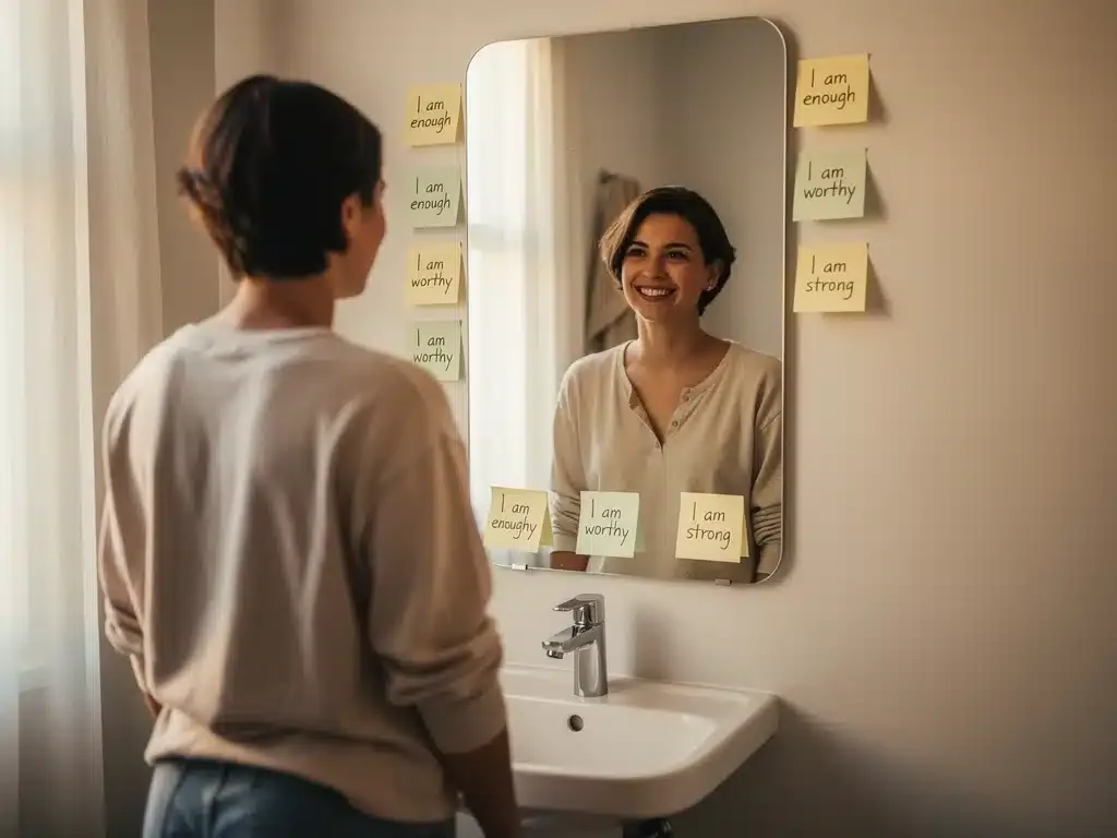 Person smiling at reflection, embodying self-acceptance