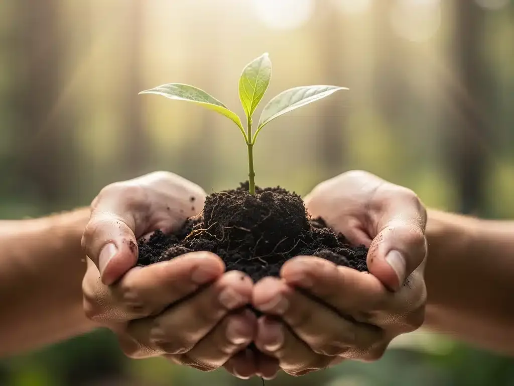 Hands nurturing a plant sprout, symbolizing growth and well-being