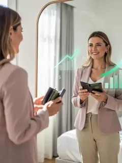 Woman confidently looking in mirror, wallet in hand, symbolizing financial empowerment and body positivity.