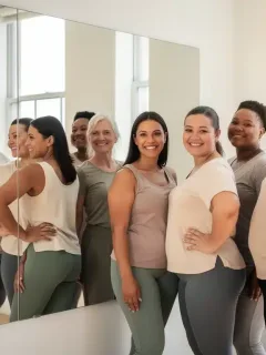 Diverse individuals smiling, embracing positive body image, and reflecting self-acceptance.