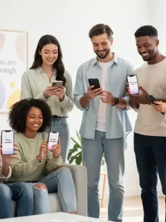 Diverse young adults confidently using social media with positive body image messages