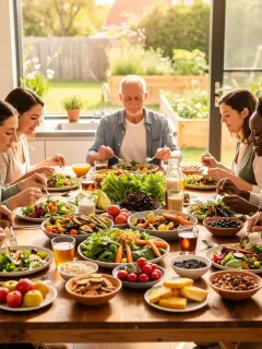 Diverse individuals mindfully eating healthy foods at a table, embodying body positivity and conscious consumption.