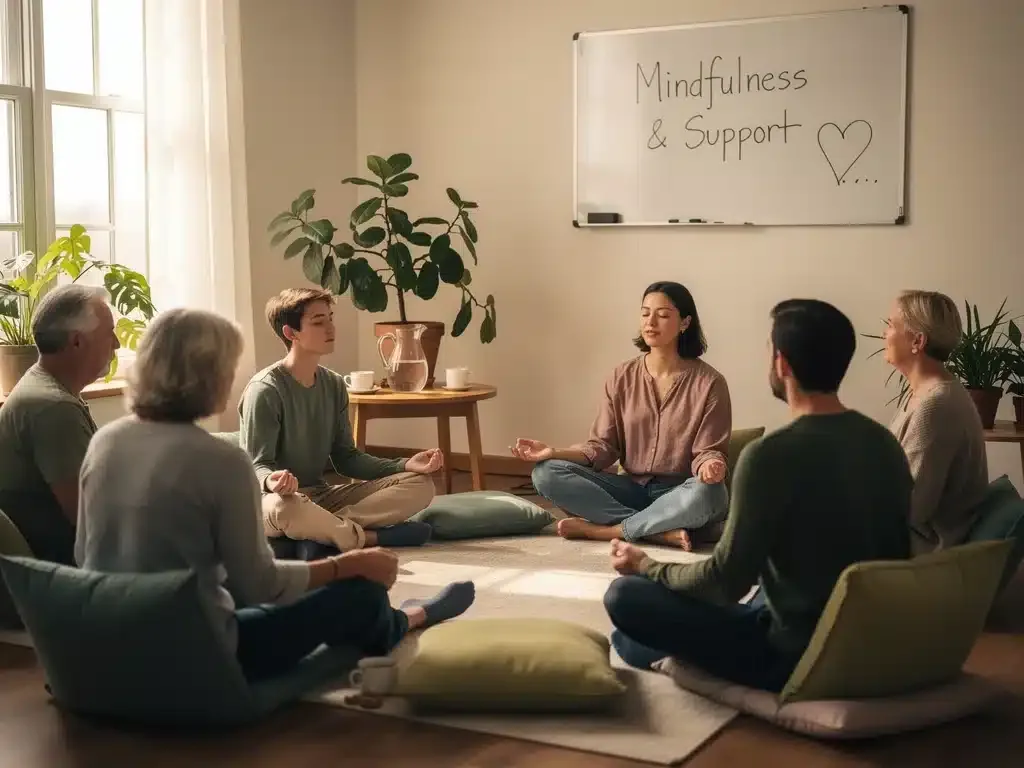 Group participating in a mindfulness session, fostering mental well-being.