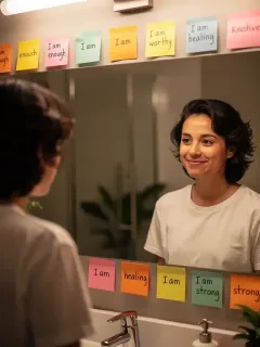 Person confidently reflecting on self-acceptance and positive body image.