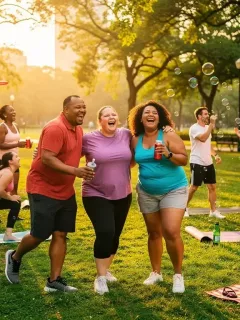 Diverse group embracing body positivity outdoors, symbolizing joy and self-acceptance. Body Positivity Principles.