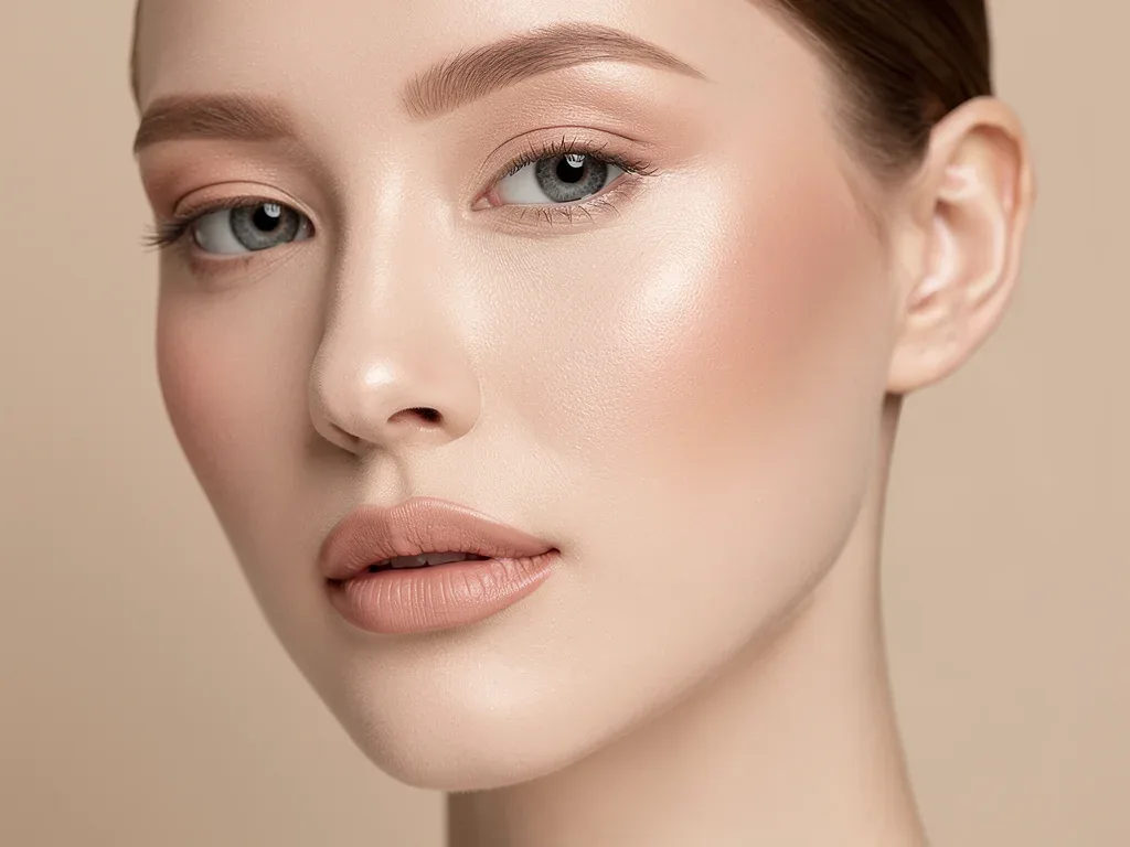 Model with perfect soft velvet cloud skin, matte yet luminous finish