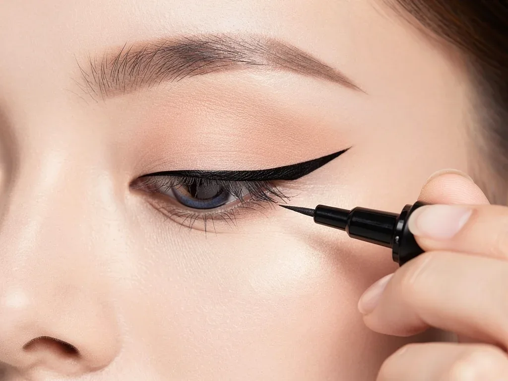 Model demonstrating effective winged eyeliner application for hooded eyes.