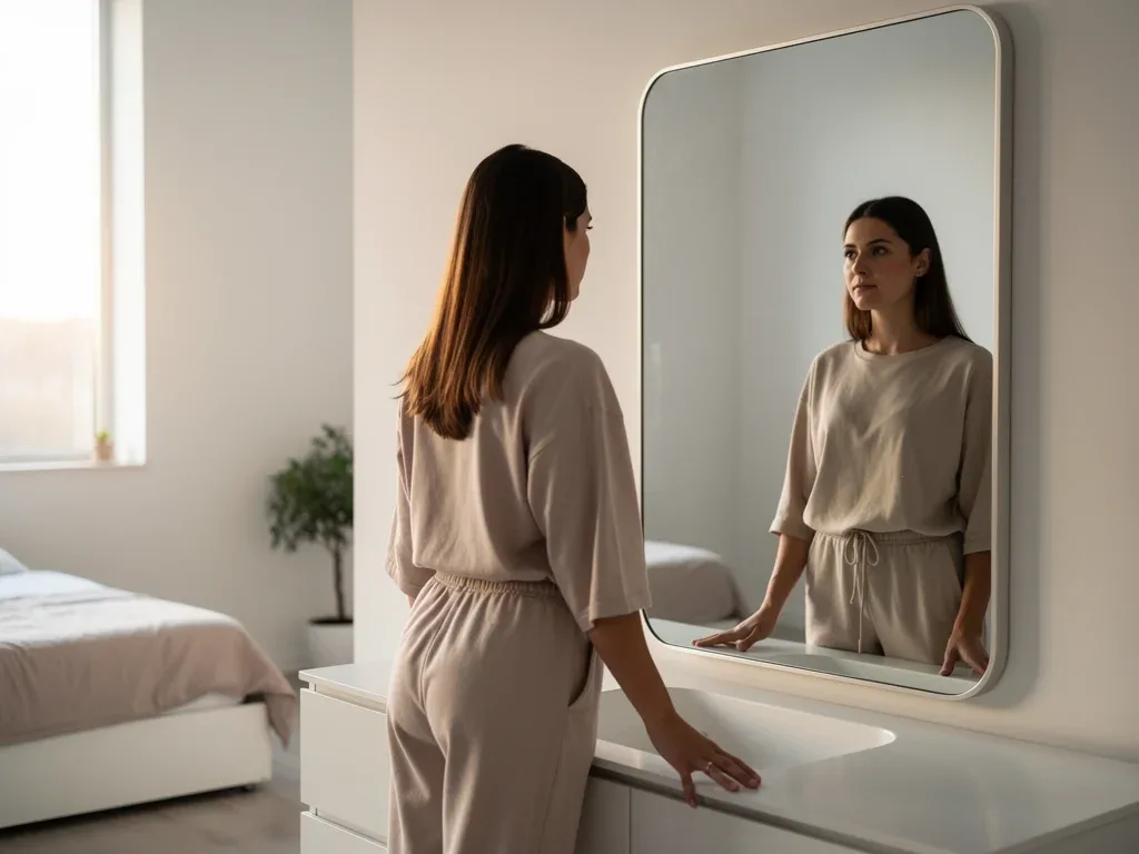 Woman calmly observing her reflection, embodying body neutrality and self-acceptance.