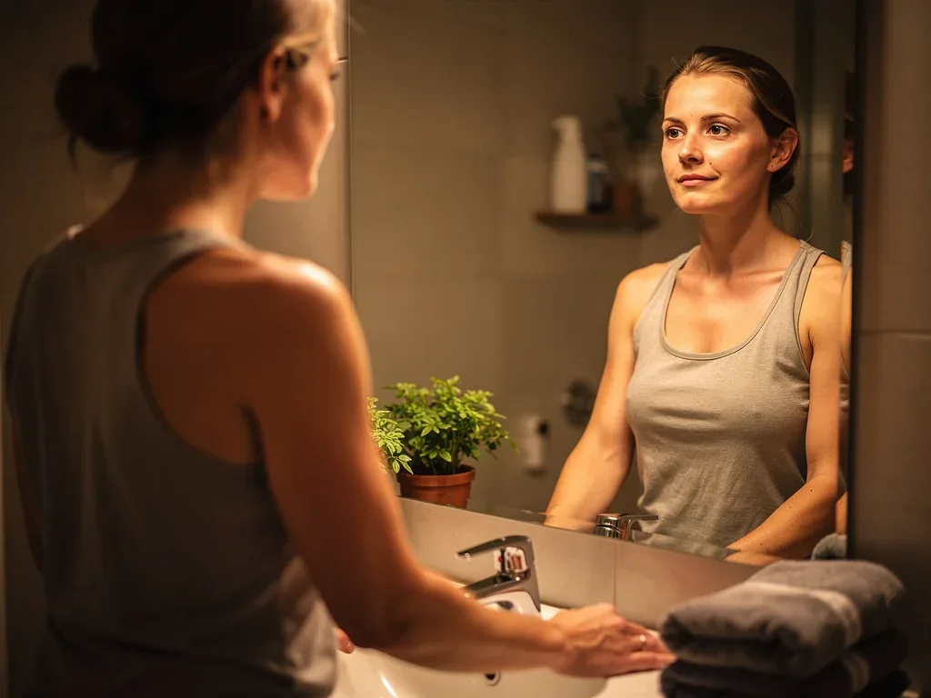 Person calmly accepting their body reflection in mirror