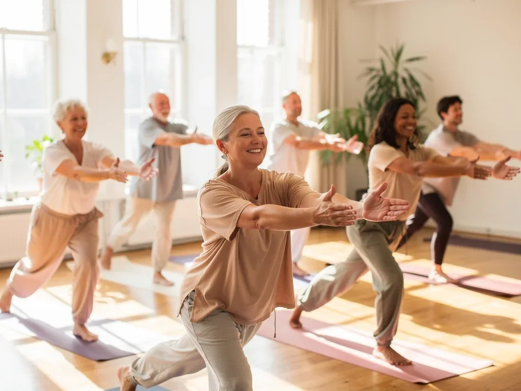 Diverse group practicing mindful movement, focusing on internal sensations.