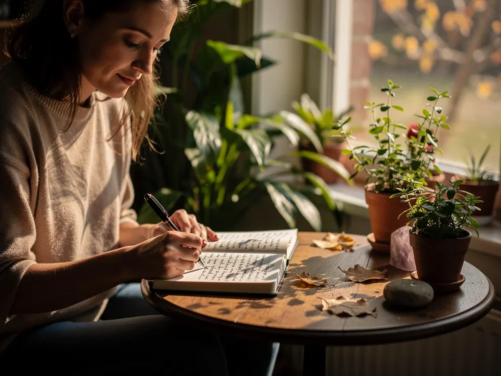 Person journaling and reflecting on self-discovery and authentic connection.