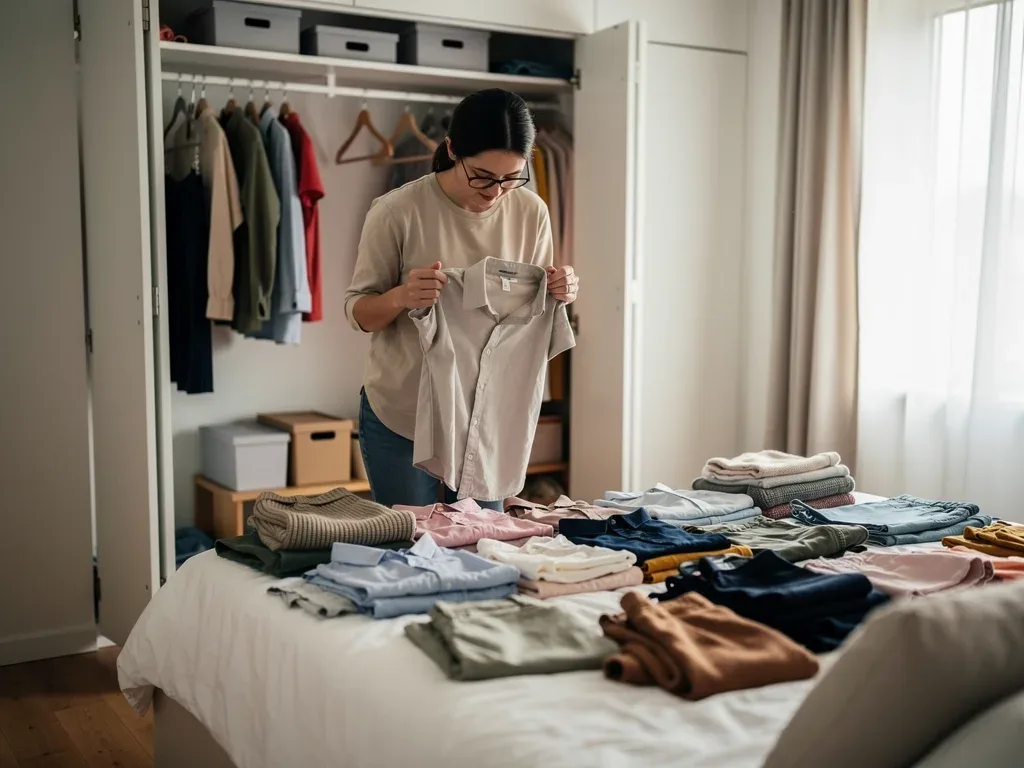 Person thoughtfully decluttering clothes for the closet purge method