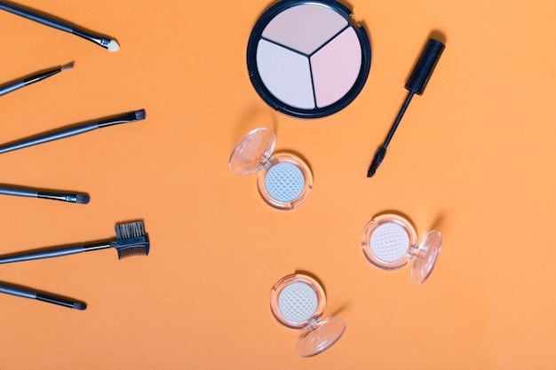 A close-up image of the essential makeup tools needed for a smoky eye, including an eyeshadow palette (with neutral and smoky shades), various makeup brushes (blending, shader, and detail brushes), black eyeliner, mascara, and concealer. The tools are arranged neatly on a clean surface.