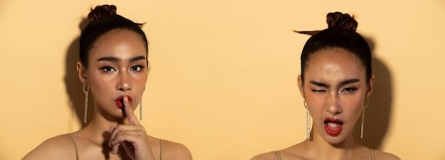 A split image showing two different lip makeup styles on the same person. On the left, a nude lipstick provides a subtle, natural look. On the right, a bold red lipstick creates a striking, glamorous appearance.