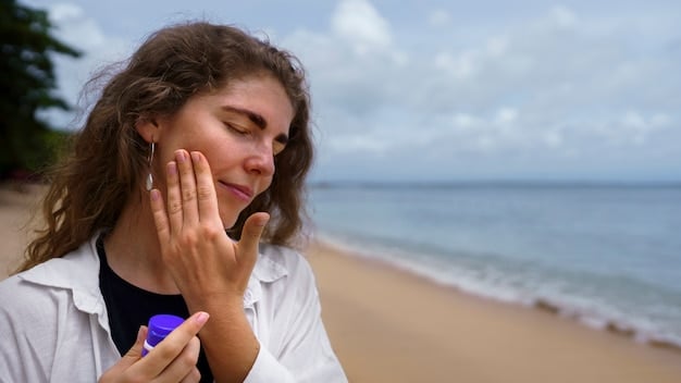 A woman happily applying sunscreen to her face outdoors, emphasizing the importance and ease of daily sun protection.