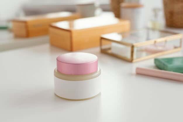 Close-up of various skincare products labelled for sensitive skin, arranged neatly on a bathroom counter, soft pastel colors, natural light.