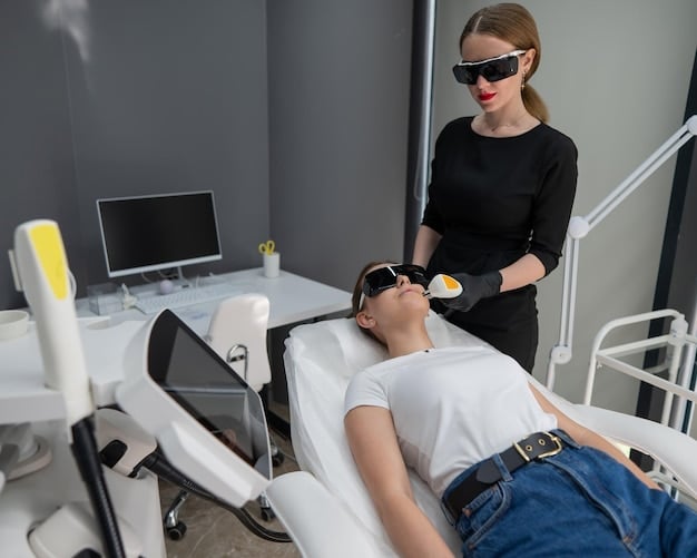 A dermatologist performing a laser treatment on a patient's face. The setting is a clean, modern clinic with advanced equipment. Both the dermatologist and patient are wearing protective eyewear.