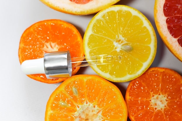 A split image showcasing different types of antioxidant serums (Vitamin C, E, Ferulic Acid) alongside fresh fruits like oranges and berries, emphasizing the natural and protective qualities of antioxidants for the skin.