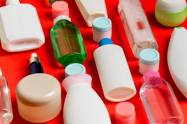 A close-up shot of various skincare products arranged neatly on a shelf, including a cleanser, toner, serum, moisturizer, and eye cream. The products are labeled with their key ingredients such as retinol, hyaluronic acid, and vitamin C.