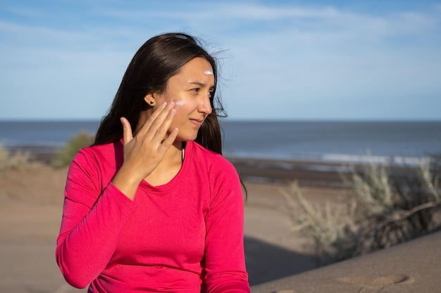 A woman is shown applying sunscreen to her face as part of her morning skincare routine. The image highlights various other skincare products on the countertop, such as cleanser, serum, and moisturizer, to illustrate how sunscreen fits into the overall routine.