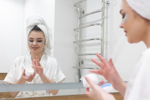 A person is shown applying moisturizer to their face in front of a mirror in a modern bathroom. The moisturizer is in a pump bottle and appears to be lightweight and hydrating.