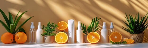 A well-organized skincare shelf featuring products like cleanser, vitamin C serum, moisturizer, and sunscreen, arranged neatly to emphasize the importance of a consistent routine for managing hyperpigmentation.