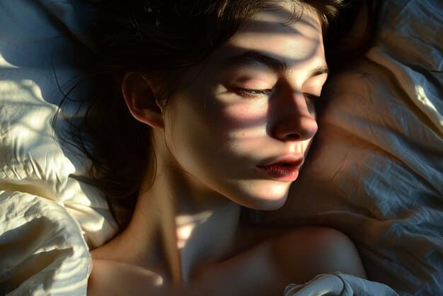 A close-up of a woman's face while she is sleeping, showcasing how skin repairs and rejuvenates itself during the night. Visible soft lighting and focus on minimal facial lines or blemishes.