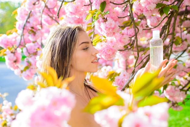 A woman applying a light facial serum in a bright, sunlit room, with blooming flowers in the background, representing the fresh and rejuvenating skincare routine for spring.