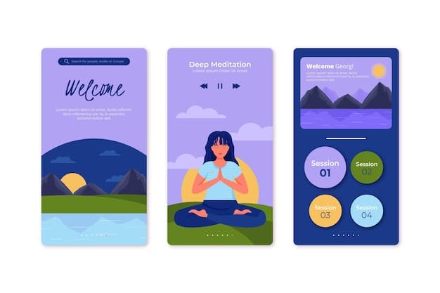 A screenshot of the SereneScape app interface, showcasing a personalized meditation plan. There's a calming landscape background and options to customize the meditation session length, ambient sounds, and guided voice.