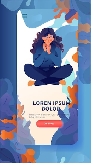 A vibrant and colorful screenshot of the MindfulFlow app, showcasing a gamified meditation session. Animated elements are moving on the screen, synced with the user's breath. There are also visual rewards and progress bars indicating the user's performance.