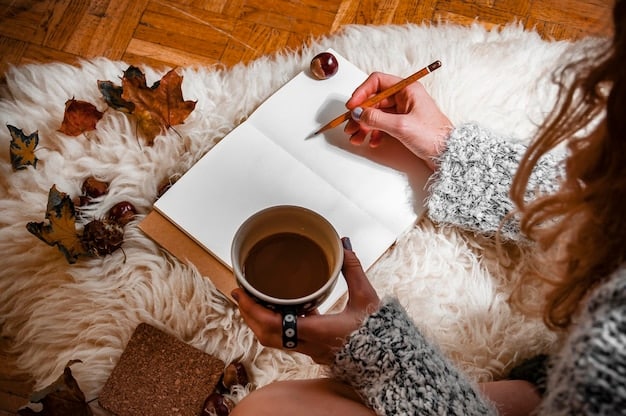 A person writing in a gratitude journal while sitting at a cozy desk with warm lighting. The journal is open, and the person's hand is visible writing with a pen. The surrounding environment is peaceful and conducive to reflection.