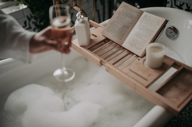 A person enjoying a luxurious bubble bath with candles lit around the tub, a wooden bath tray holding a book, a glass of wine, and a small diffuser releasing aromatic mist into the air, creating a perfect spa-like ambiance at home on a calm Sunday.
