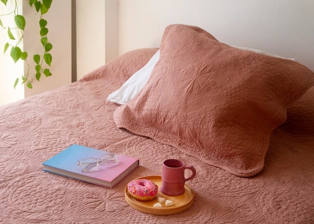 A minimalist bedroom with soft, natural light, featuring a comfortable bed with plush blankets and pillows, a bedside table with a book and a small plant, and a calming color scheme.