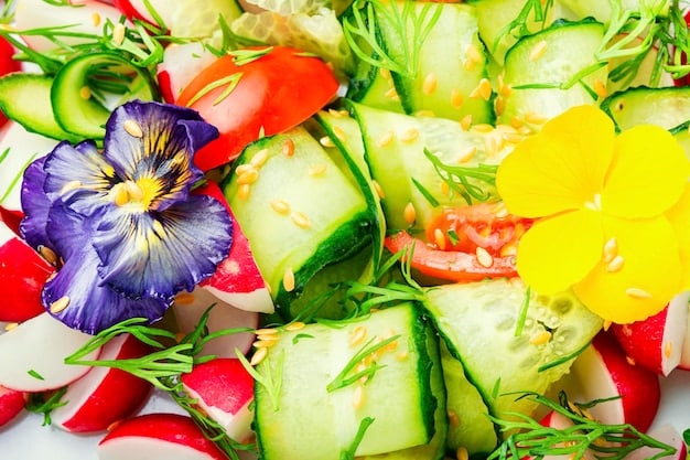 A close-up shot of a vibrant and colorful salad in a bowl, featuring a mix of leafy greens, fresh vegetables like tomatoes, cucumbers, and carrots, topped with a light vinaigrette dressing.